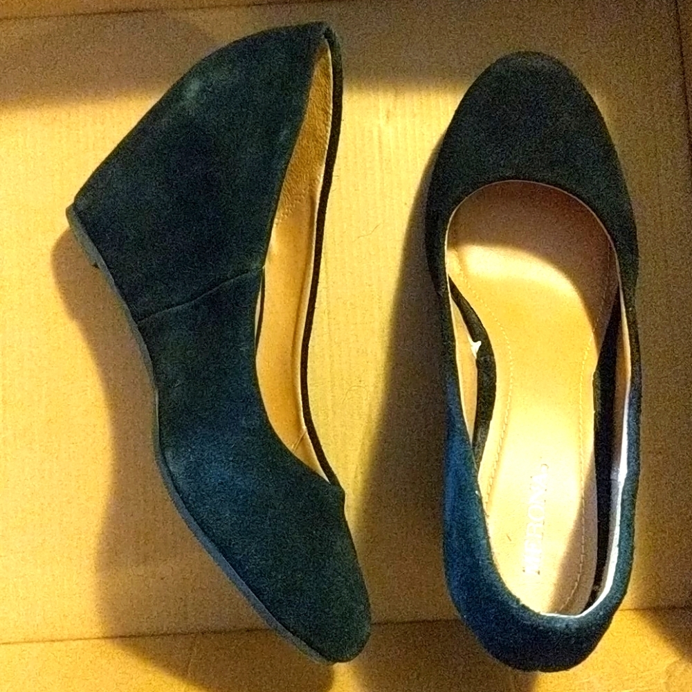 Black suede closed toe wedges